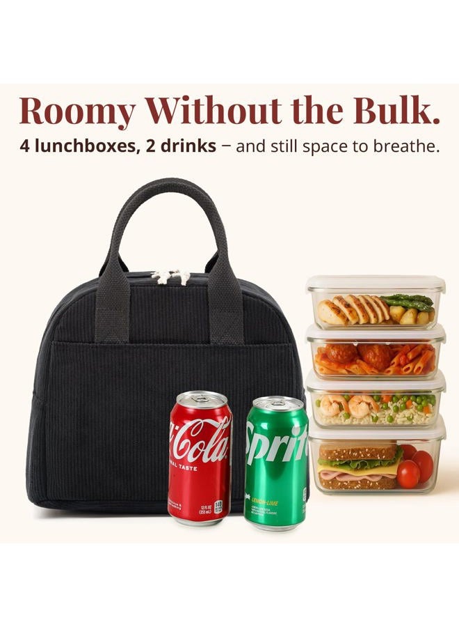 LOVELYWIND Insulated Black Lunch Bag for Men Women, Stylish Corduroy Tote with Aluminum Lining, Large Capacity Reusable Cooler for Work, Travel, Beach or Picnic, Soft Black Water-Resistant Lunch Box - Image 2