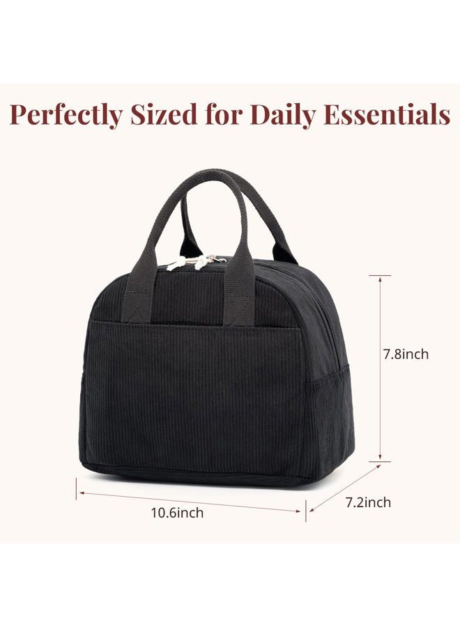 LOVELYWIND Insulated Black Lunch Bag for Men Women, Stylish Corduroy Tote with Aluminum Lining, Large Capacity Reusable Cooler for Work, Travel, Beach or Picnic, Soft Black Water-Resistant Lunch Box - Image 3