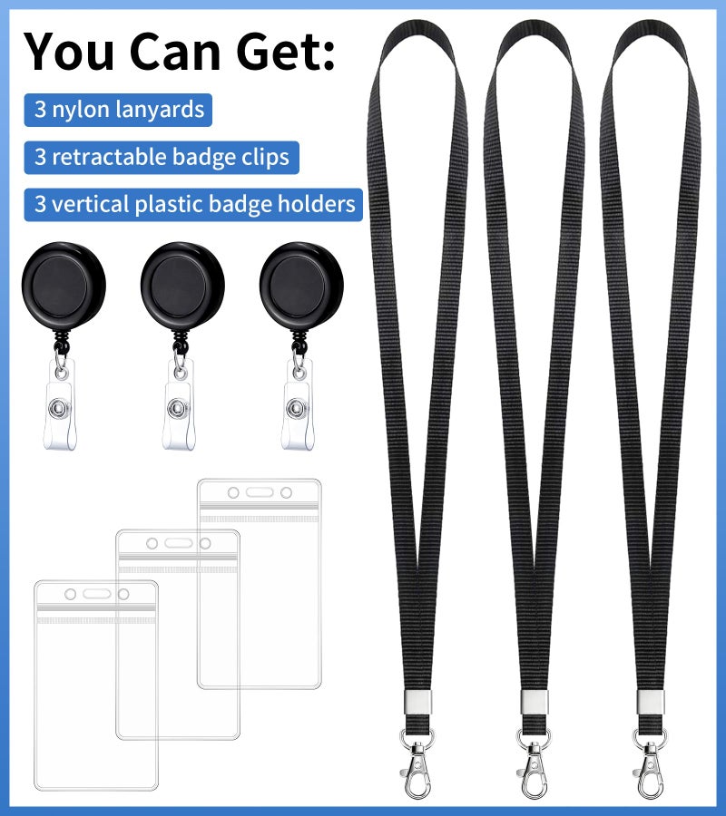 Teskyer 3 Pack Retractable Lanyards for ID Badges, Thick Clear Plastic ID Badge Holder with Lanyard and Badge Reel Clip for Name Work Cards, Cruise Ship Cards - Black - Image 4