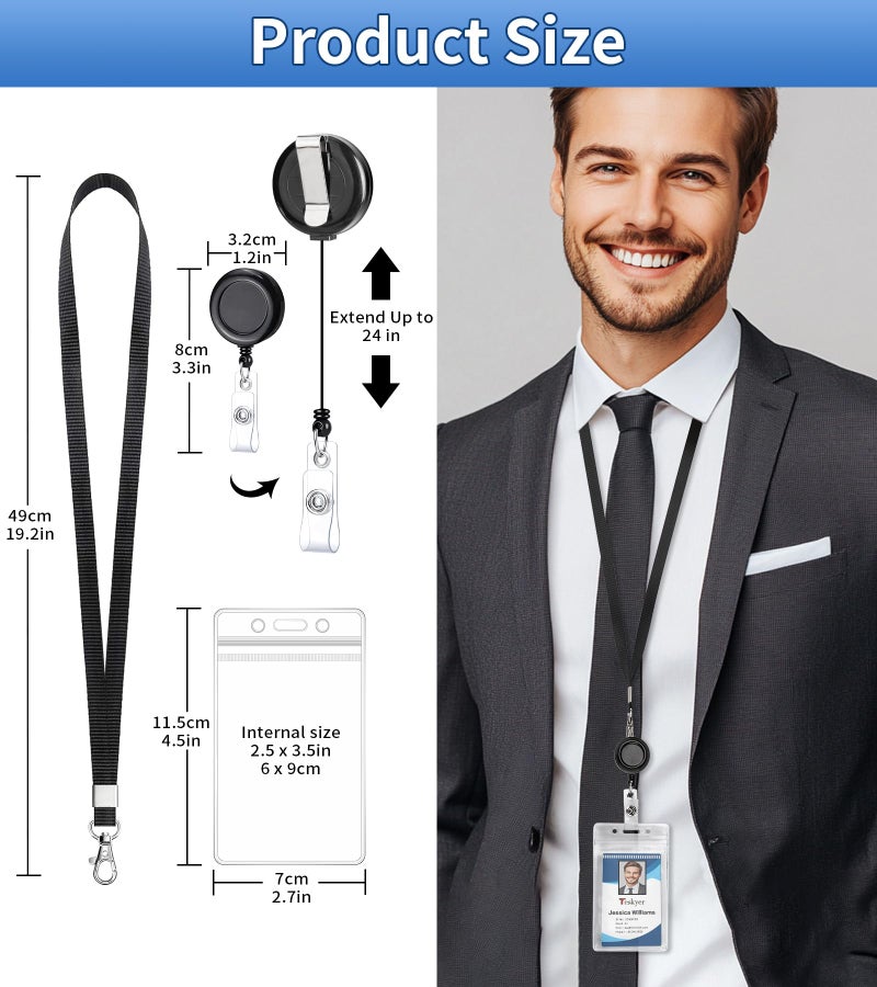 Teskyer 3 Pack Retractable Lanyards for ID Badges, Thick Clear Plastic ID Badge Holder with Lanyard and Badge Reel Clip for Name Work Cards, Cruise Ship Cards - Black - Image 5
