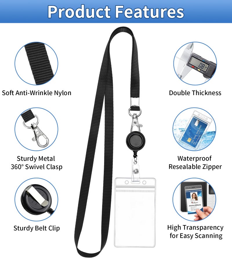 Teskyer 3 Pack Retractable Lanyards for ID Badges, Thick Clear Plastic ID Badge Holder with Lanyard and Badge Reel Clip for Name Work Cards, Cruise Ship Cards - Black - Image 2