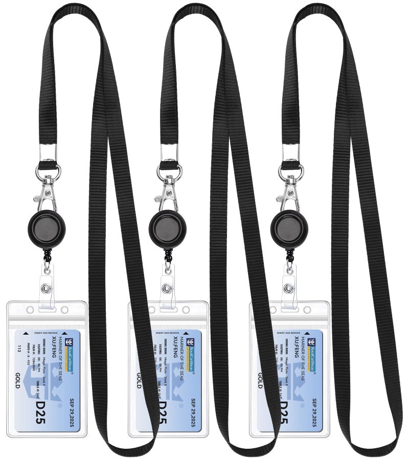 Teskyer 3 Pack Retractable Lanyards for ID Badges, Thick Clear Plastic ID Badge Holder with Lanyard and Badge Reel Clip for Name Work Cards, Cruise Ship Cards - Black - Image 1