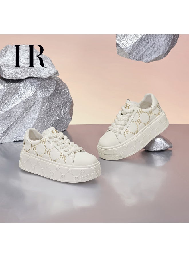 Hr Women's Shoes, New Winter 2025 Style, Fleece-lined Thick-soled White Sneakers, Versatile Casual Shoes, Beige, Size 38 - Image 5