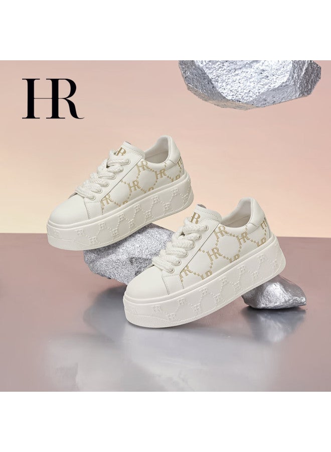 Hr Women's Shoes, New Winter 2025 Style, Fleece-lined Thick-soled White Sneakers, Versatile Casual Shoes, Beige, Size 38 - Image 2