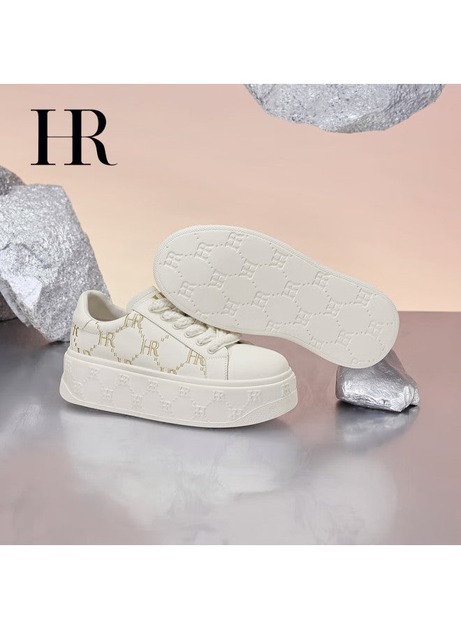 Hr Women's Shoes, New Winter 2025 Style, Fleece-lined Thick-soled White Sneakers, Versatile Casual Shoes, Beige, Size 38 - Image 3