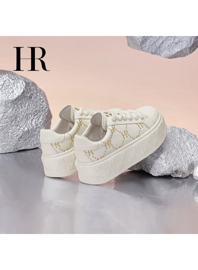 Hr Women's Shoes, New Winter 2025 Style, Fleece-lined Thick-soled White Sneakers, Versatile Casual Shoes, Beige, Size 38 - Image 1