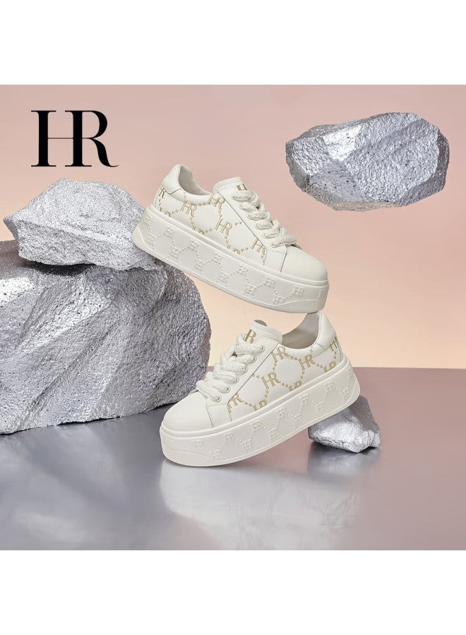 Hr Women's Shoes, New Winter 2025 Style, Fleece-lined Thick-soled White Sneakers, Versatile Casual Shoes, Beige, Size 38 - Image 4