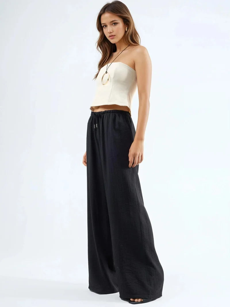 بوسيم BUSEM Wide Leg Drawstring Waist Pants with Pockets