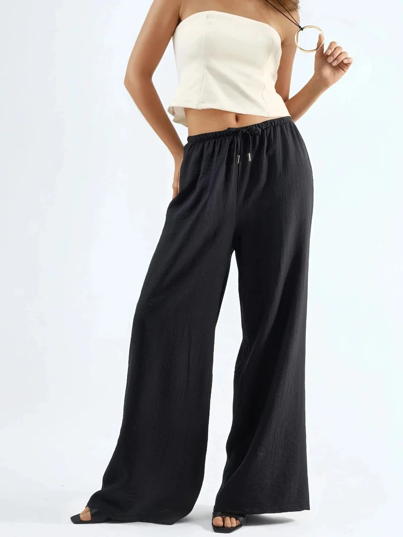 بوسيم BUSEM Wide Leg Drawstring Waist Pants with Pockets