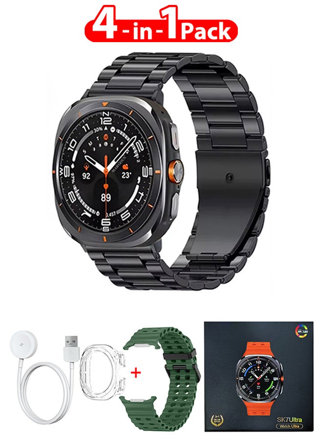 SK7 Ultra Smartwatch Bundle With Accessories Including 1 Black Stainless Steel Band 1 Green Silicone Band a Charging Cable and a TPU Case Protector