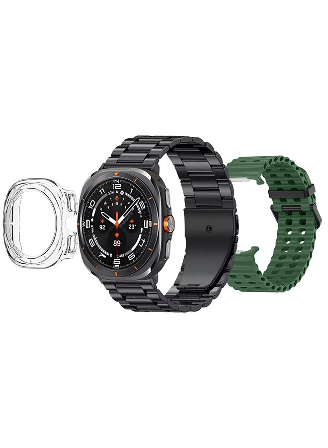 SK7 Ultra Smartwatch Bundle With Accessories Including 1 Black Stainless Steel Band 1 Green Silicone Band a Charging Cable and a TPU Case Protector