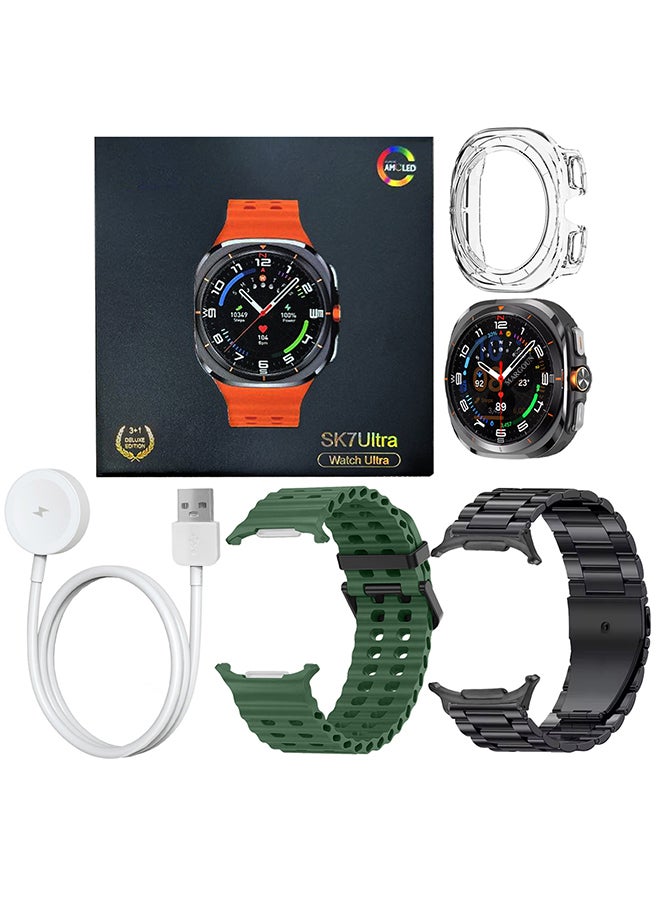 SK7 Ultra Smartwatch Bundle With Accessories Including 1 Black Stainless Steel Band 1 Green Silicone Band a Charging Cable and a TPU Case Protector
