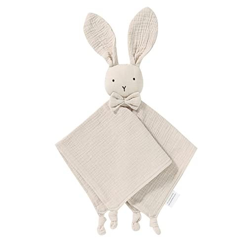 LAWKUL Baby Lovey Organic Cotton Muslin Soft Security Blankets Comfy Lovie for Infant Boy Girls Unisex Bunny Khaki - Image 1