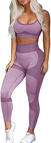 OLCHEE Women’s Workout Sets 2 Piece - Seamless Yoga Leggings and Cross-Strap Sports Bra Gym Outfits Activewear Matching Set - Purple Medium - Image 1