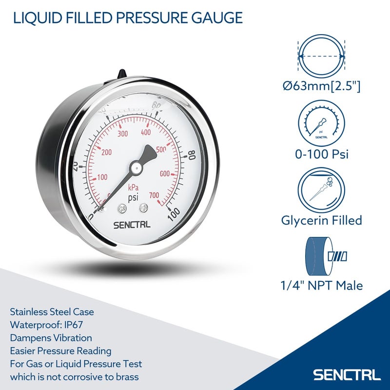 senctrl 0-100 Psi Glycerin Liquid Filled Low Pressure Gauge, 2.5" Dial Size, 1/4" NPT Back Mount, Stainless Steel Case, for Water Pump, Pneumatic Air, Well, RV Hose, Co2 Tank, Pressure Test - Image 2