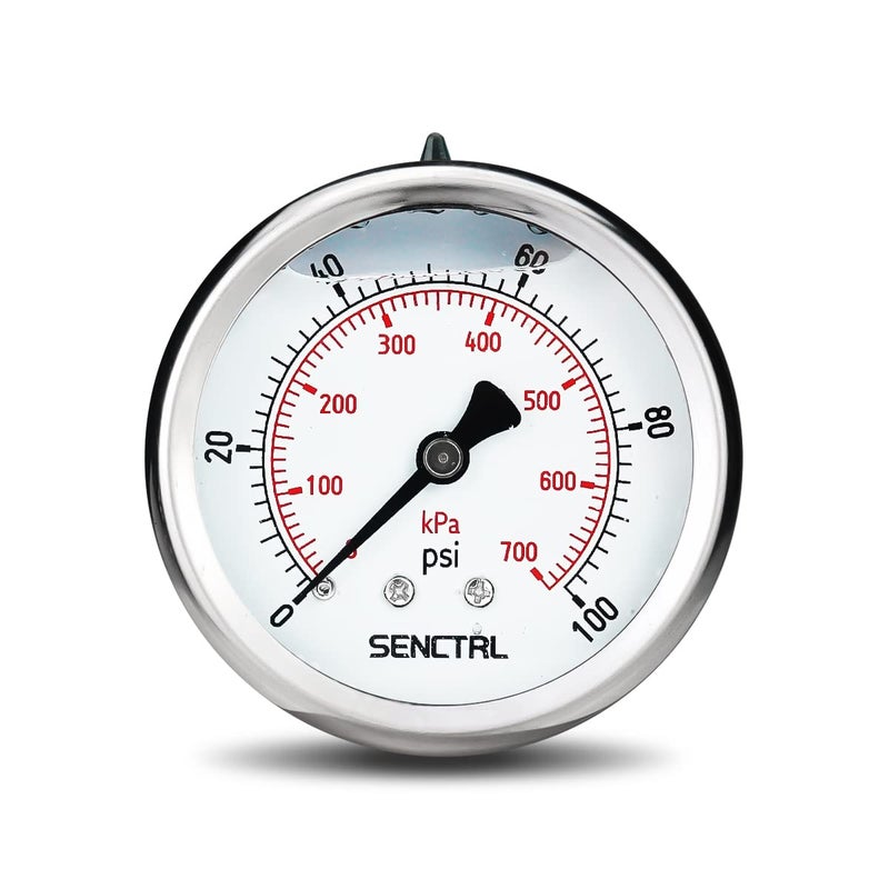 senctrl 0-100 Psi Glycerin Liquid Filled Low Pressure Gauge, 2.5" Dial Size, 1/4" NPT Back Mount, Stainless Steel Case, for Water Pump, Pneumatic Air, Well, RV Hose, Co2 Tank, Pressure Test - Image 1