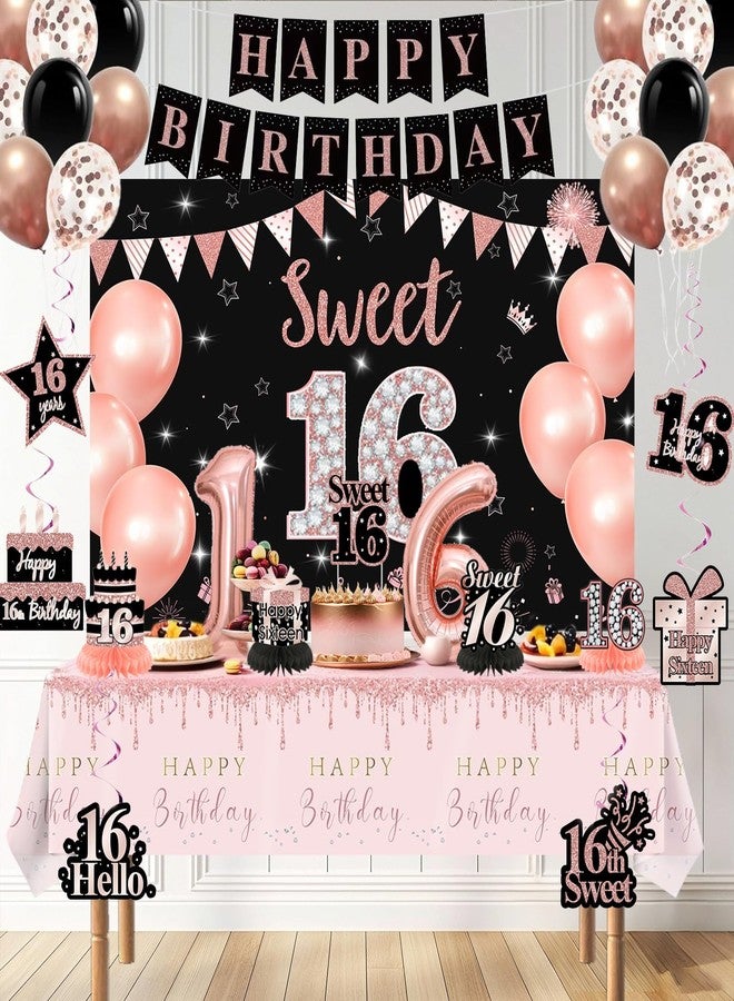 RTHPY Sweet 16 Party Decorations,Black Rose Gold Happy 16th Birthday Banner Balloons Backdrop Hanging Swirls,Sweet 16 Sash and Tiara Cake Topper Honeycomb Centerpiece Sixteen Party Supplies for Girls - Image 5