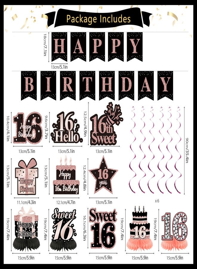 RTHPY Sweet 16 Party Decorations,Black Rose Gold Happy 16th Birthday Banner Balloons Backdrop Hanging Swirls,Sweet 16 Sash and Tiara Cake Topper Honeycomb Centerpiece Sixteen Party Supplies for Girls - Image 2