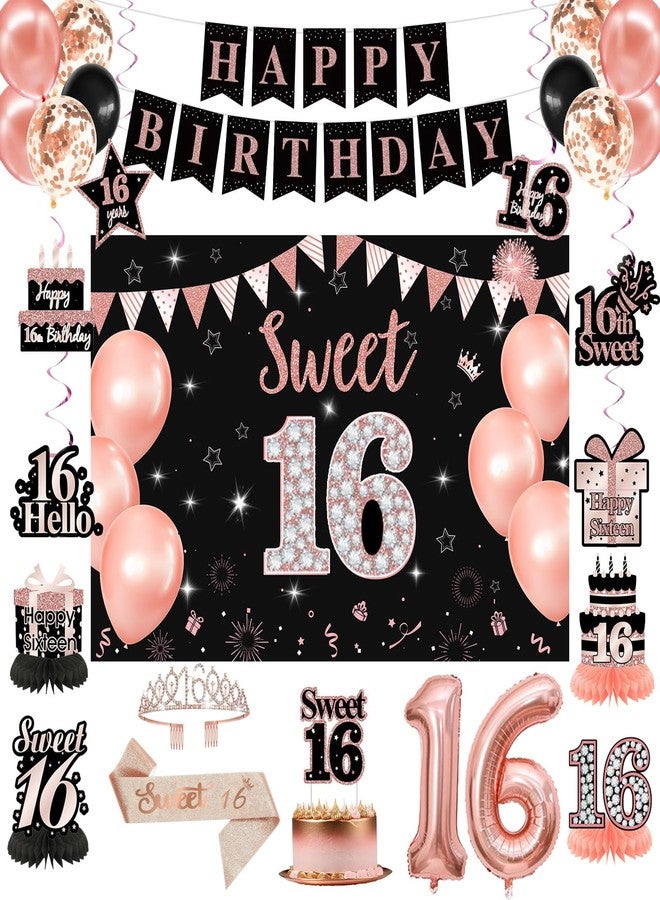 RTHPY Sweet 16 Party Decorations,Black Rose Gold Happy 16th Birthday Banner Balloons Backdrop Hanging Swirls,Sweet 16 Sash and Tiara Cake Topper Honeycomb Centerpiece Sixteen Party Supplies for Girls - Image 1