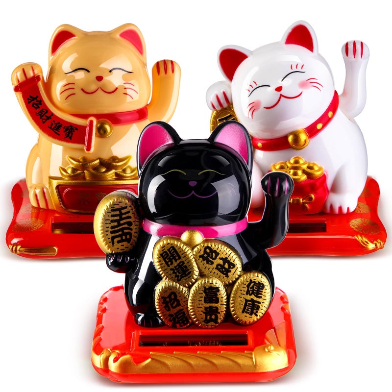 Wovnet 3 Pcs 2.95" Lucky Cat Waving Arm Maneki Neko Lucky Cat Solar Waving Cat Feng Shui Fortune Wealth Lucky Welcoming Cat Window Sun Catcher Car Dashboard Decor - Image 1