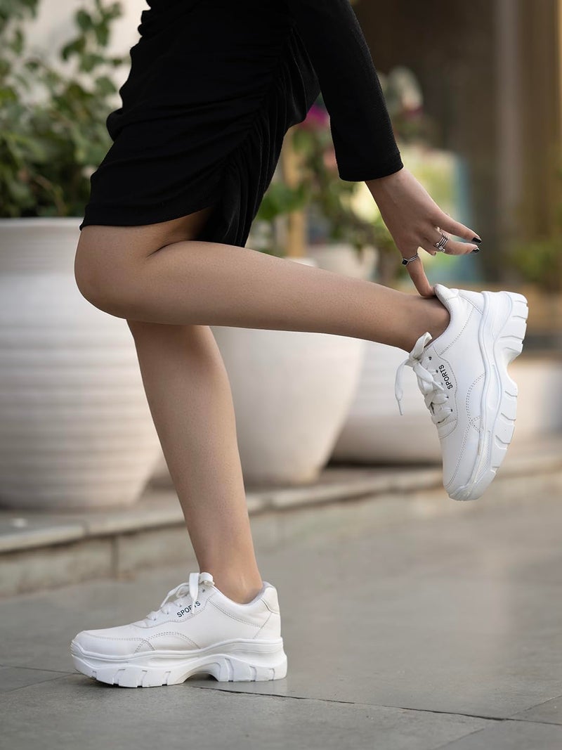 Shoetopia Shoeopia Lace-up Detail White Chunky Sneakers for Women & Girls /UK6 - Image 3