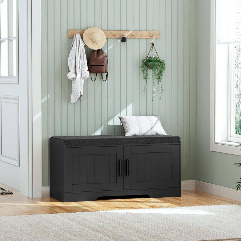 Homleke 2Tier Storage Bench Shoe Bench with Thickened Padded Seat Cushion Entryway Bench with 2 Doors Adjustable Shelf 138 D x 374 W x 185 H for Entryway Living Room Bedroom Black