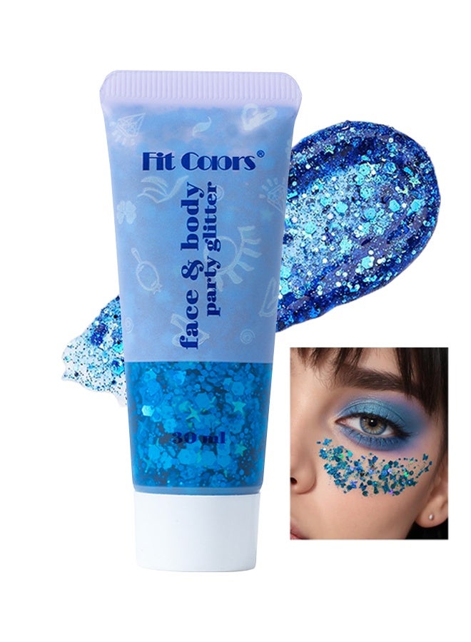 Fit Colors بريق للجسم والوجه، جل بريق للشعر، طلاء وجه بالترتر، إكسسوارات حفلات المغنين ومهرجانات الموسيقى والرقص، جل بريق وجه حورية البحر، طلاء وجه بالترتر بريق 01#أزرق - Image 1