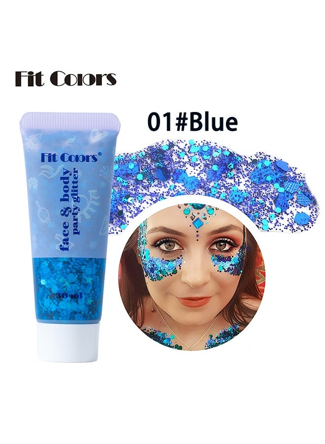 Fit Colors بريق للجسم والوجه، جل بريق للشعر، طلاء وجه بالترتر، إكسسوارات حفلات المغنين ومهرجانات الموسيقى والرقص، جل بريق وجه حورية البحر، طلاء وجه بالترتر بريق 01#أزرق - Image 2