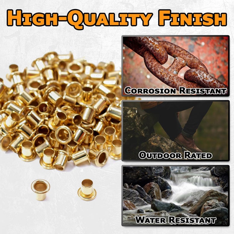 HolsterSmith [100 Pack] Polished Brass Eyelets - (#8-9 Length) - (1/4 in. Diameter) - (USA Made) - Rivets for DIY Kydex Holsters, Leather Shoes, and Canvas Cloth - Image 4