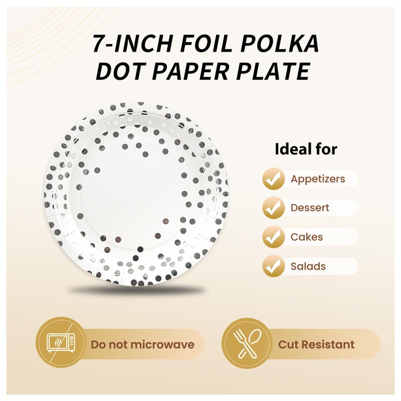 PUEVENYI 75PCS Paper Plates and Napkins Set - White and Sliver Dot Disposable Party Dinnerware Includes Paper Plates  Napkins  Forks Decorations for Graduations  Birthdays and Weddings  Serves 25 - Image 3