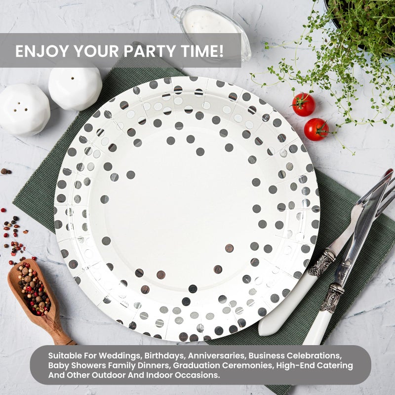 PUEVENYI 75PCS Paper Plates and Napkins Set - White and Sliver Dot Disposable Party Dinnerware Includes Paper Plates  Napkins  Forks Decorations for Graduations  Birthdays and Weddings  Serves 25 - Image 5
