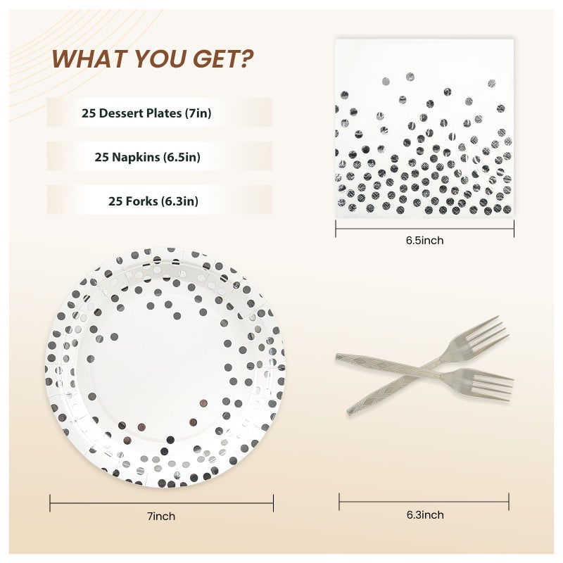PUEVENYI 75PCS Paper Plates and Napkins Set - White and Sliver Dot Disposable Party Dinnerware Includes Paper Plates  Napkins  Forks Decorations for Graduations  Birthdays and Weddings  Serves 25 - Image 2
