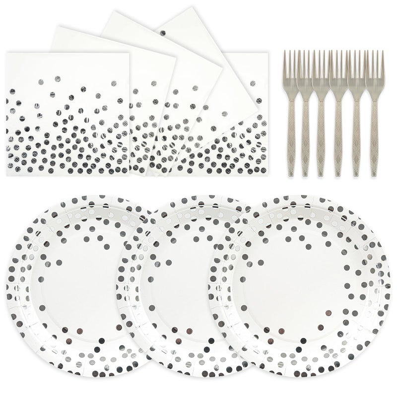 PUEVENYI 75PCS Paper Plates and Napkins Set - White and Sliver Dot Disposable Party Dinnerware Includes Paper Plates  Napkins  Forks Decorations for Graduations  Birthdays and Weddings  Serves 25 - Image 1