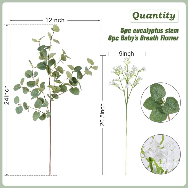 Beferr 5pcs Eucalyptus Stems & 6pcs Babys Breath Artificial Flowers Faux Greenery Bouquets for Wedding Table Centerpiece Home Decor - Image 2