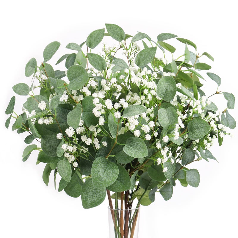 Beferr 5pcs Eucalyptus Stems & 6pcs Babys Breath Artificial Flowers Faux Greenery Bouquets for Wedding Table Centerpiece Home Decor - Image 1