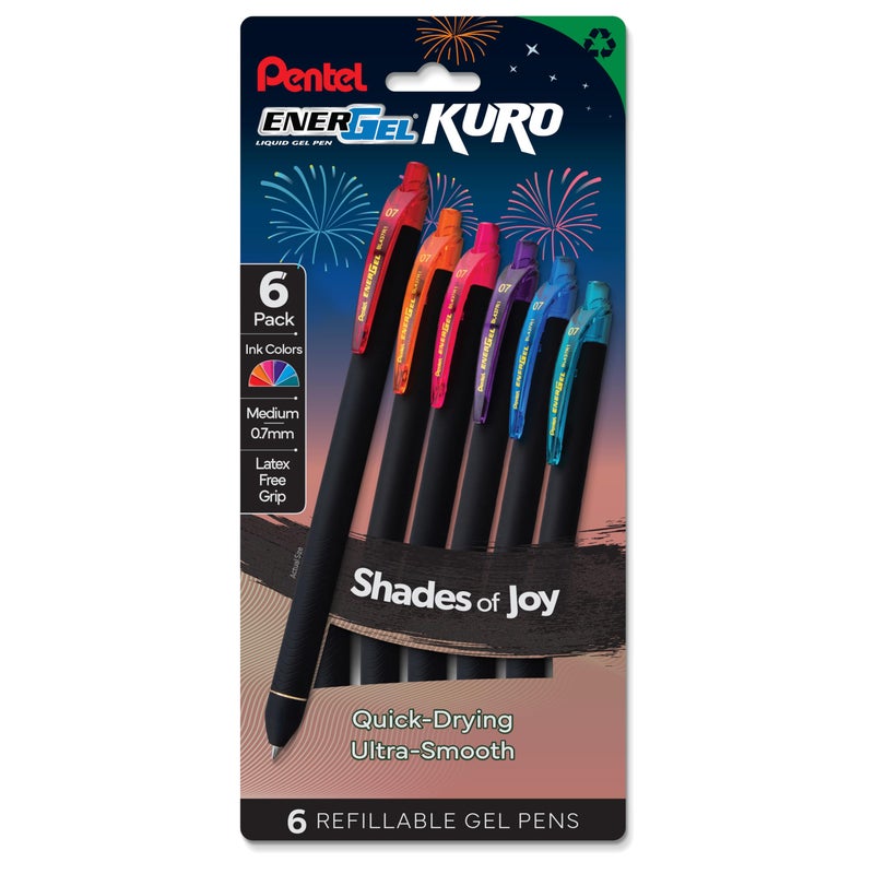 Pentel EnerGel Kuro Shades of Joy, Retractable Liquid Gel Pen, Assorted Ink Colors, Pack of 6 (BL437JOYPF6) - Image 1