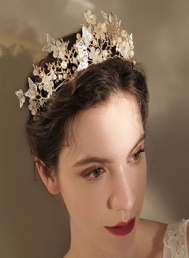 Foyte Butterfly Crowns and Tiaras Flower Rhinestone Bride Crown Baroque Queen Tiaras Pearl Headpiece for Women (Gold) - Image 3