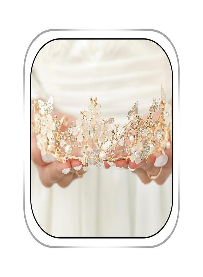 Foyte Butterfly Crowns and Tiaras Flower Rhinestone Bride Crown Baroque Queen Tiaras Pearl Headpiece for Women (Gold) - Image 1