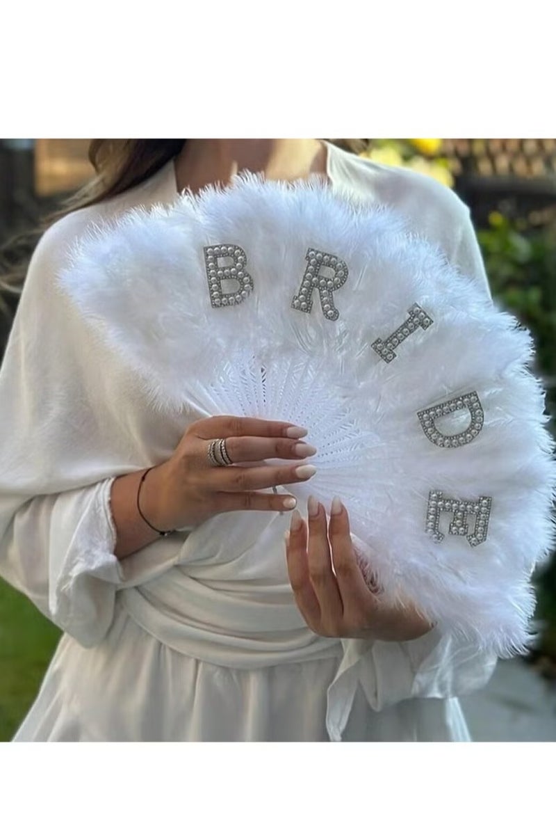 Unewshi Bridal Decoration – White Feather Hand Fan with "BRIDE" Lettering Design, Size (22×34) cm – Perfect for Bachelorette Parties, Bridal Showers, and Wedding Day Photos. - Image 1