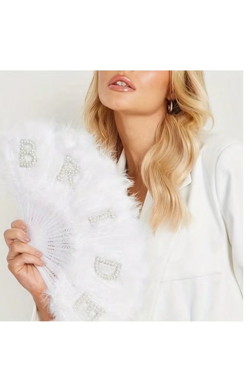 Unewshi Bridal Decoration – White Feather Hand Fan with "BRIDE" Lettering Design, Size (22×34) cm – Perfect for Bachelorette Parties, Bridal Showers, and Wedding Day Photos. - Image 2