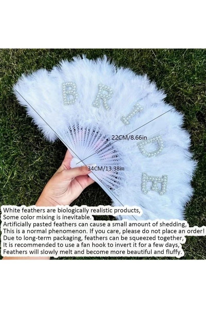 Unewshi Bridal Decoration – White Feather Hand Fan with "BRIDE" Lettering Design, Size (22×34) cm – Perfect for Bachelorette Parties, Bridal Showers, and Wedding Day Photos. - Image 5