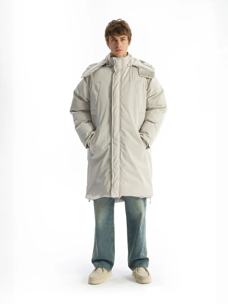 Giesto Light Grey GIESTO Thick Hooded Puff Coat with Zipper and Pockets for Men | Best Price UAE