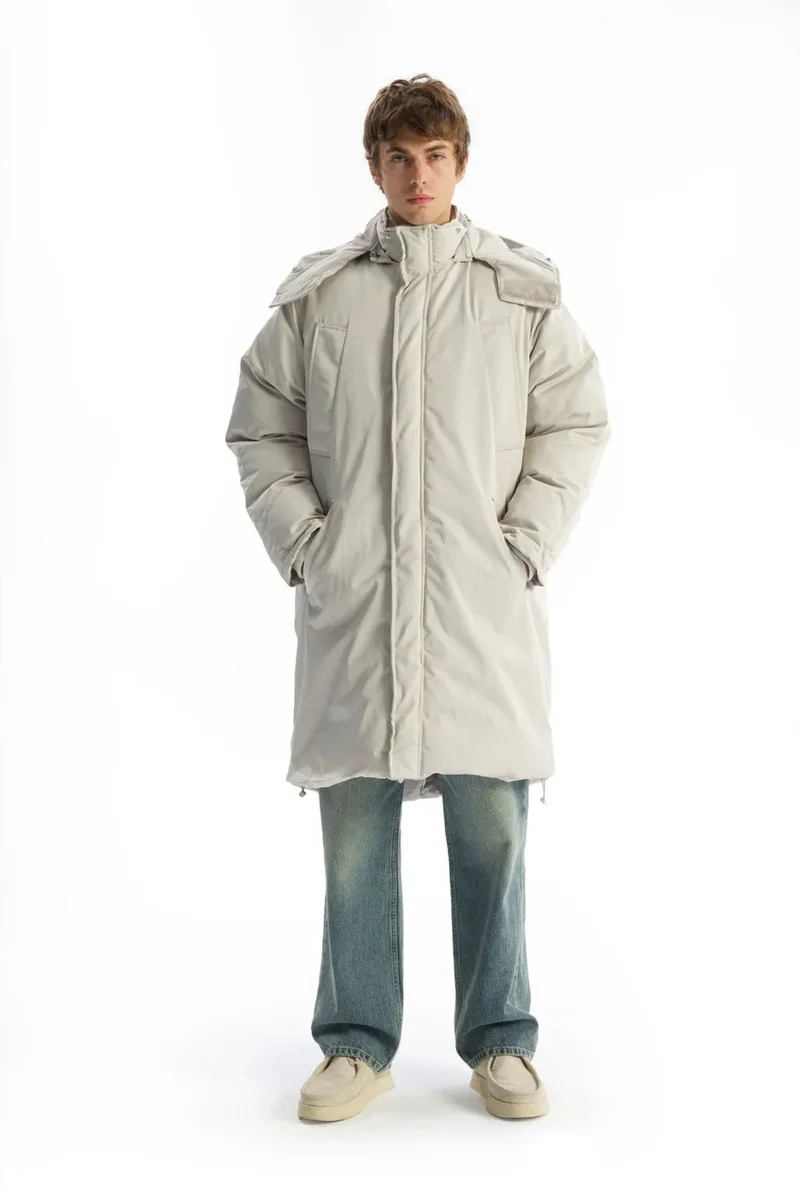 Giesto Light Grey GIESTO Thick Hooded Puff Coat with Zipper and Pockets for Men | Best Price UAE