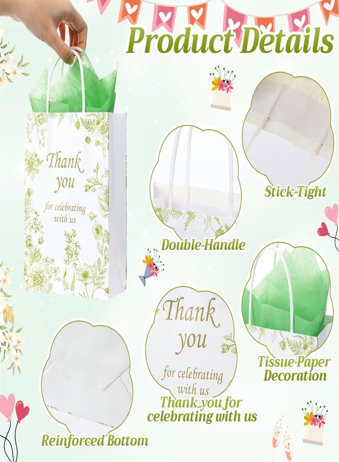 Tenceur 60 Pcs Green Floral Gift Bags Bulk Wedding Bridal Gift Bag with Tissue Paper Party Favor Thank You Bags 5.9 x 3.2 x 8.3 Inch with Handle for Weddings Welcome, Bride Showers, Engagement Party - Image 3