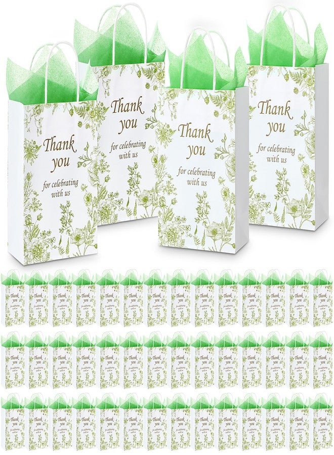 Tenceur 60 Pcs Green Floral Gift Bags Bulk Wedding Bridal Gift Bag with Tissue Paper Party Favor Thank You Bags 5.9 x 3.2 x 8.3 Inch with Handle for Weddings Welcome, Bride Showers, Engagement Party - Image 1