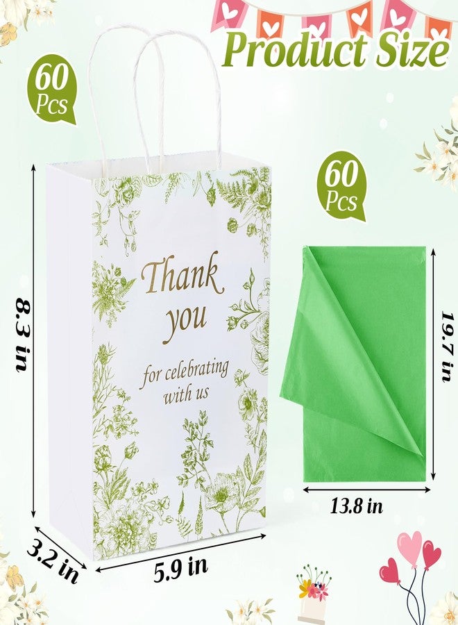 Tenceur 60 Pcs Green Floral Gift Bags Bulk Wedding Bridal Gift Bag with Tissue Paper Party Favor Thank You Bags 5.9 x 3.2 x 8.3 Inch with Handle for Weddings Welcome, Bride Showers, Engagement Party - Image 2