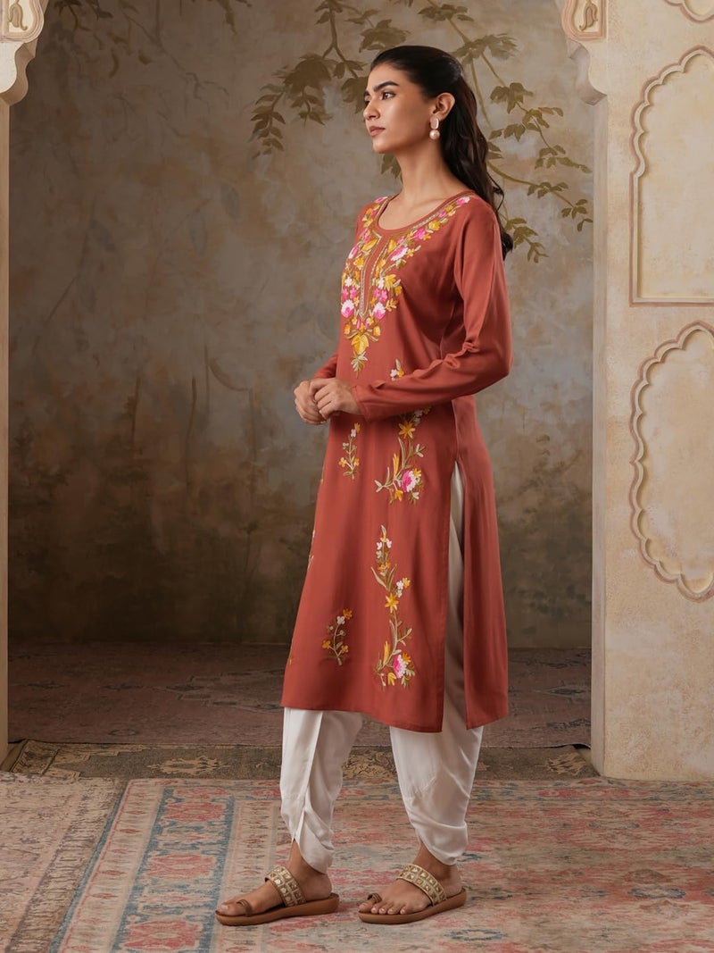 QAZMI Women's Sahar Kashmiri Aari Work Viscose Rayon Straight Kurta Brown - Image 3