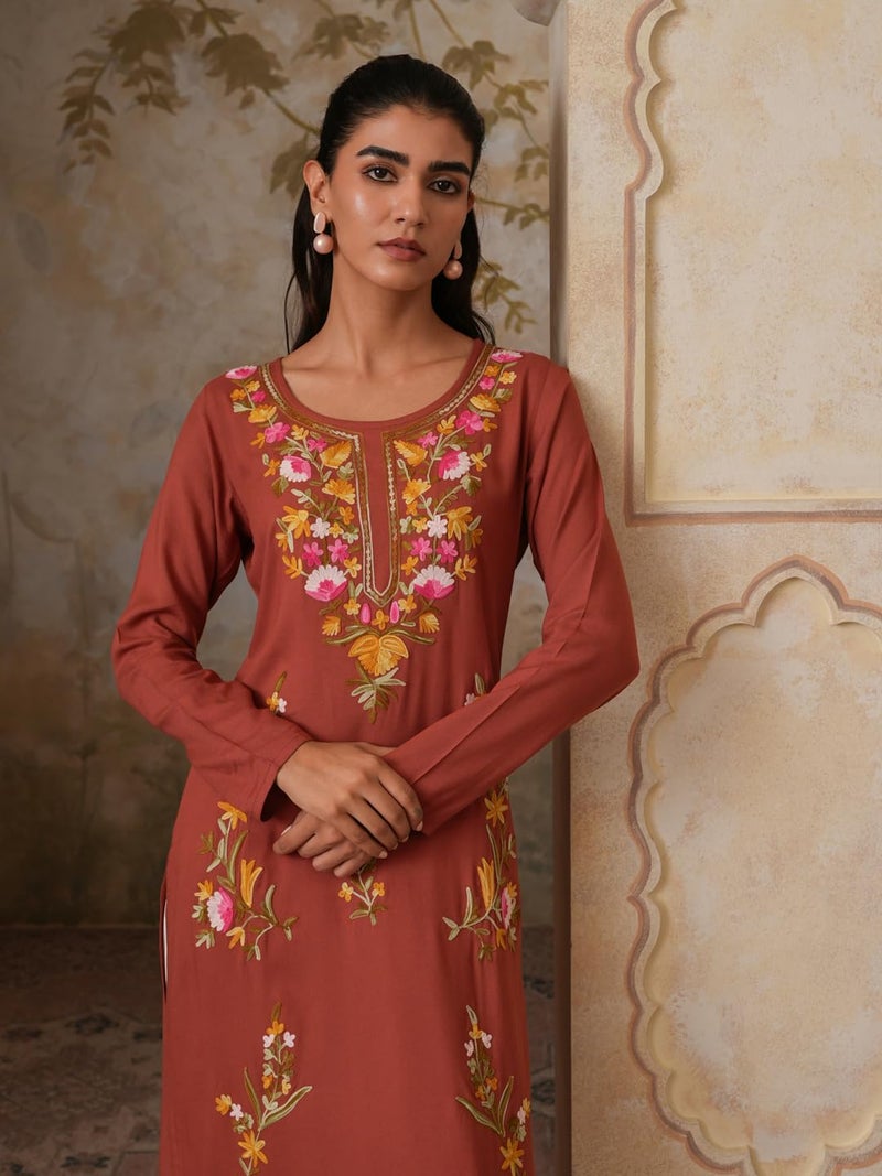 QAZMI Women's Sahar Kashmiri Aari Work Viscose Rayon Straight Kurta Brown - Image 2