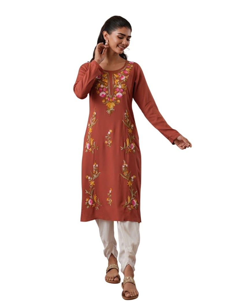 QAZMI Women's Sahar Kashmiri Aari Work Viscose Rayon Straight Kurta Brown - Image 1