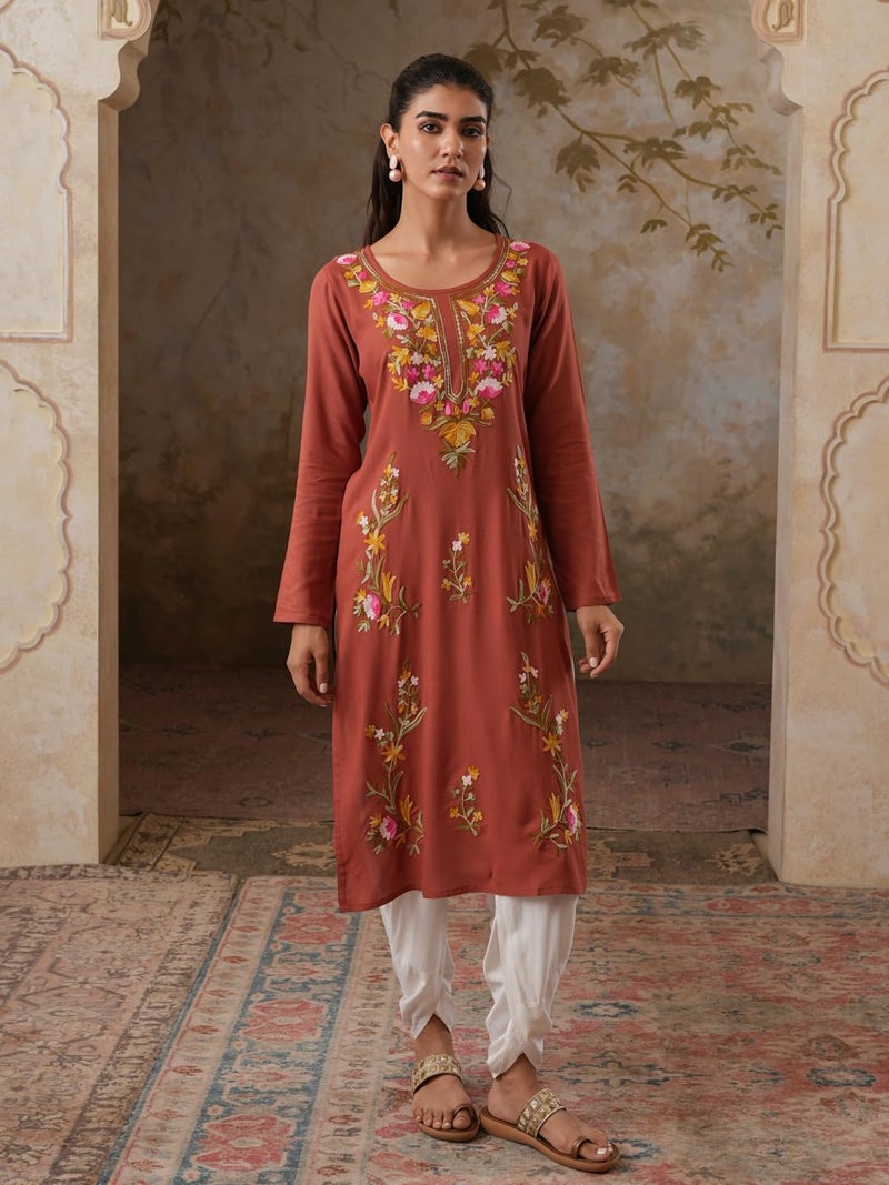 QAZMI Women's Sahar Kashmiri Aari Work Viscose Rayon Straight Kurta Brown - Image 4